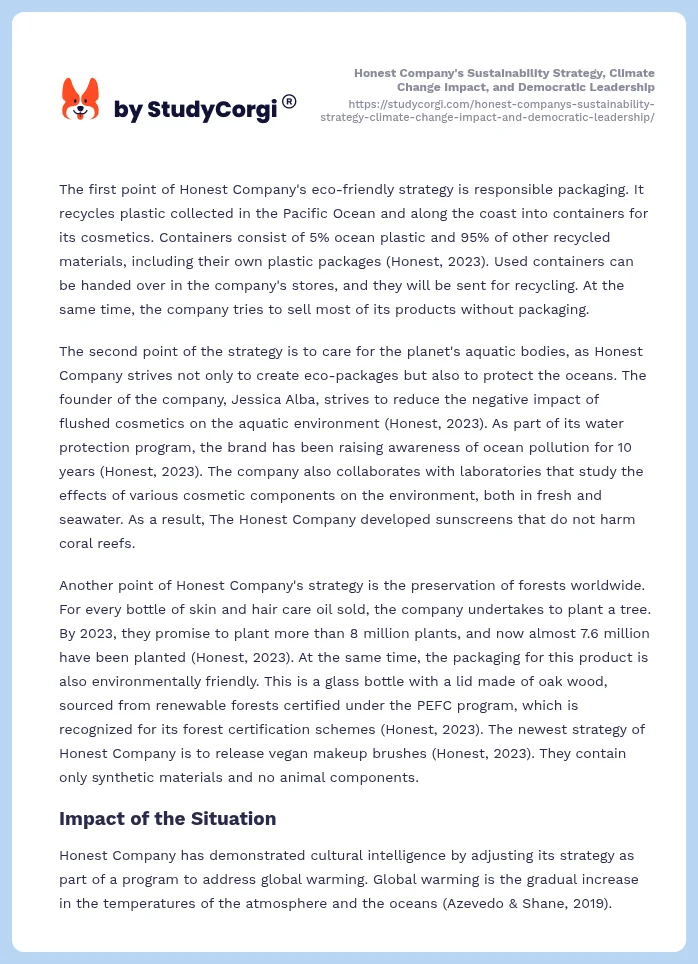Honest Company's Sustainability Strategy, Climate Change Impact, and Democratic Leadership. Page 2