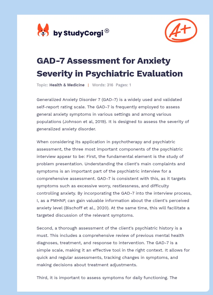 GAD-7 Assessment for Anxiety Severity in Psychiatric Evaluation. Page 1