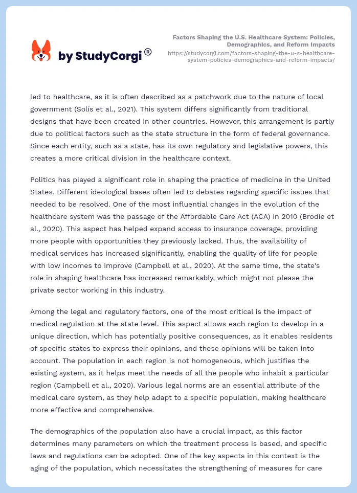 Factors Shaping the U.S. Healthcare System: Policies, Demographics, and Reform Impacts. Page 2