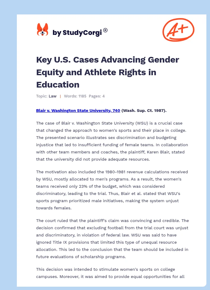Key U.S. Cases Advancing Gender Equity and Athlete Rights in Education. Page 1