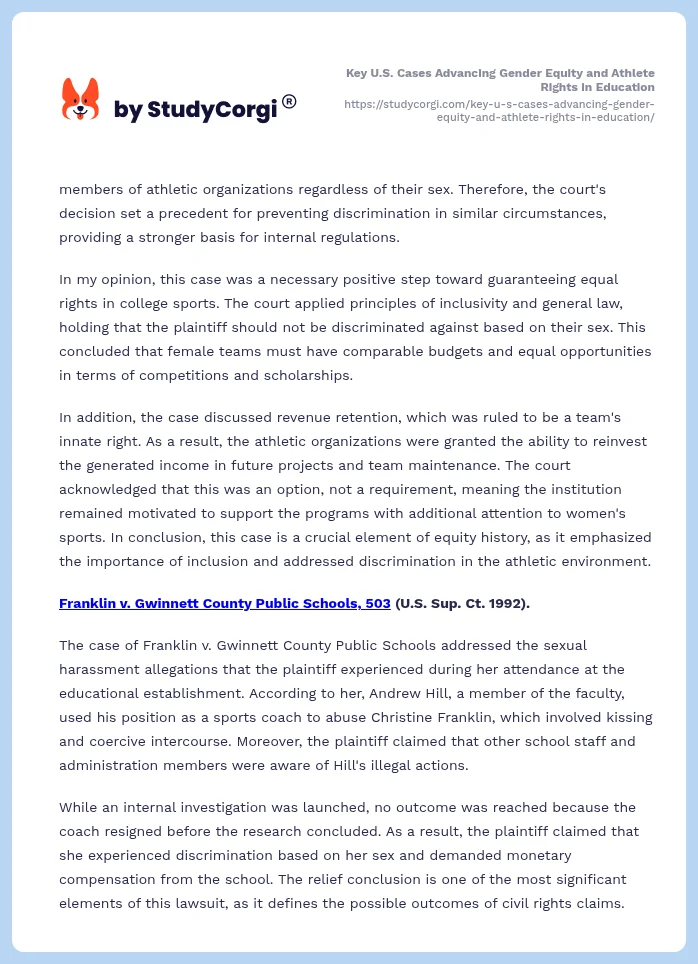 Key U.S. Cases Advancing Gender Equity and Athlete Rights in Education. Page 2