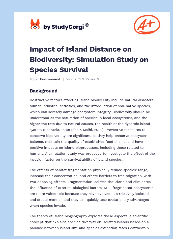 Impact of Island Distance on Biodiversity: Simulation Study on Species Survival. Page 1