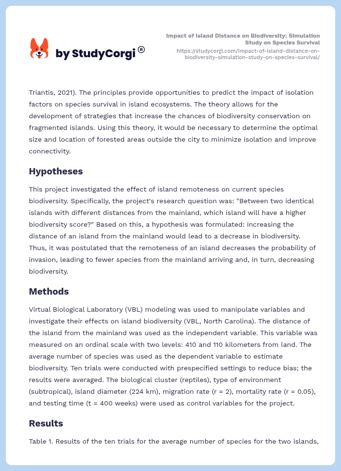 Impact of Island Distance on Biodiversity: Simulation Study on Species Survival. Page 2
