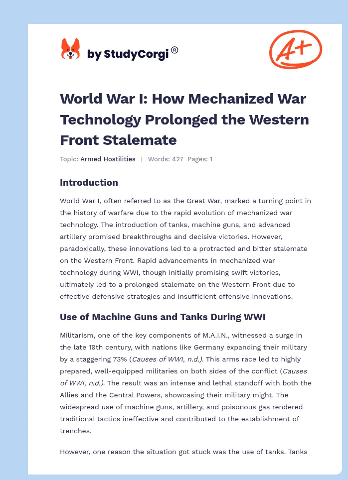 World War I: How Mechanized War Technology Prolonged the Western Front Stalemate. Page 1