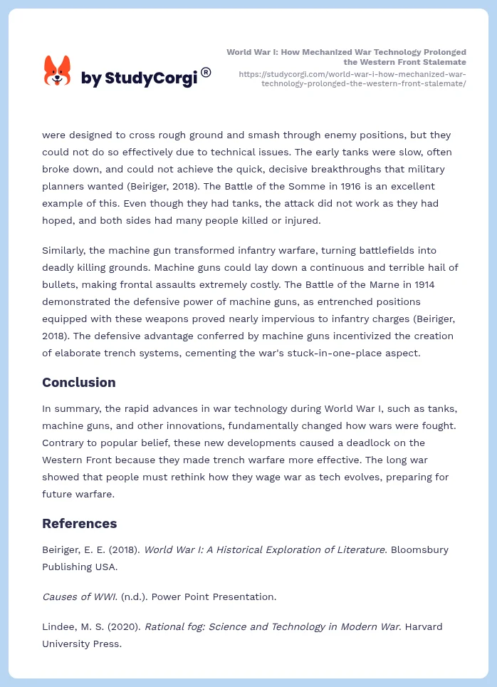 World War I: How Mechanized War Technology Prolonged the Western Front Stalemate. Page 2
