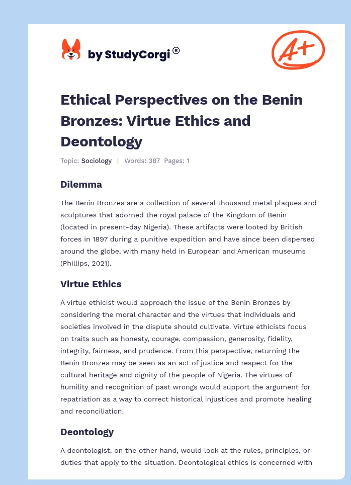 Ethical Perspectives on the Benin Bronzes: Virtue Ethics and Deontology. Page 1