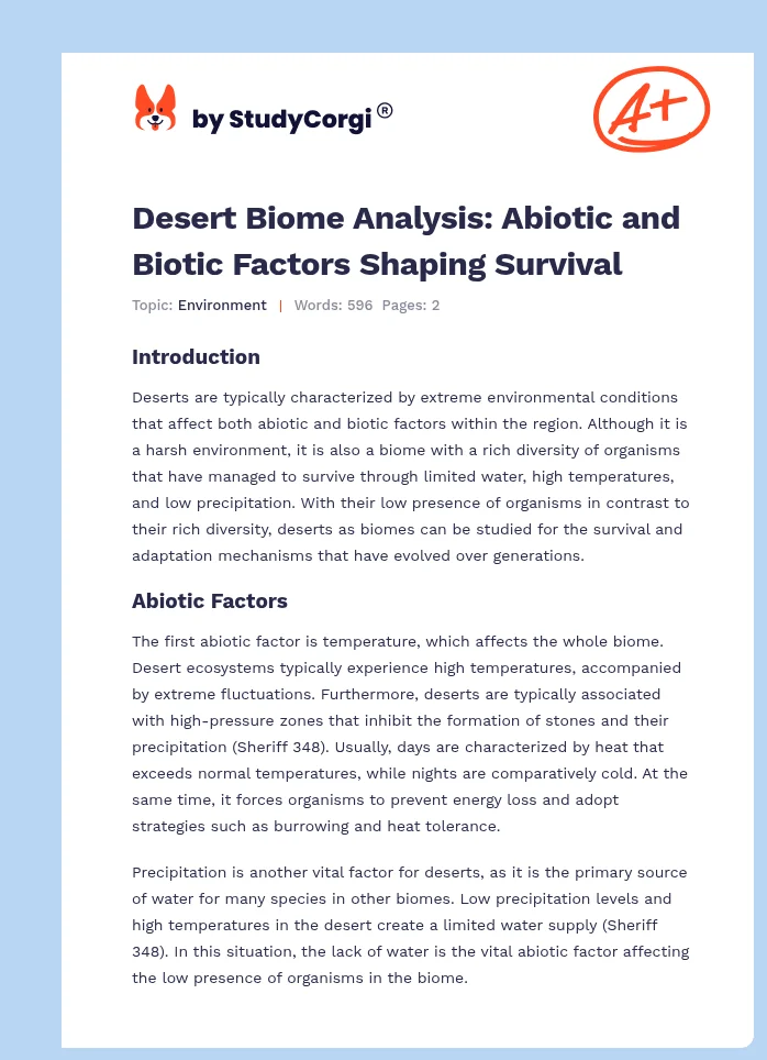 Desert Biome Analysis: Abiotic and Biotic Factors Shaping Survival. Page 1