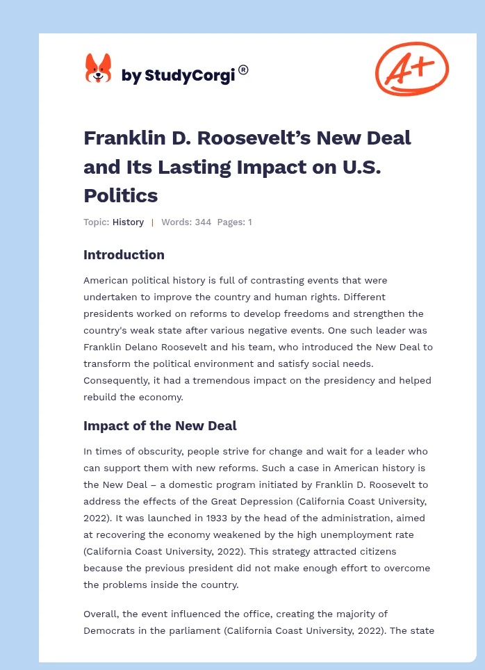 Franklin D. Roosevelt’s New Deal and Its Lasting Impact on U.S. Politics. Page 1