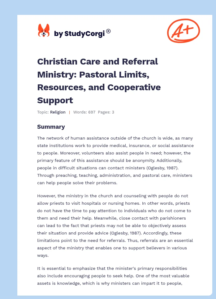Christian Care and Referral Ministry: Pastoral Limits, Resources, and Cooperative Support. Page 1