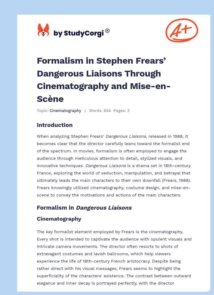 Formalism in Stephen Frears’ Dangerous Liaisons Through Cinematography and Mise-en-Scène. Page 1