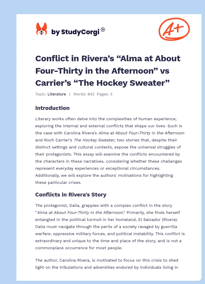Conflict in Rivera’s “Alma at About Four-Thirty in the Afternoon” vs Carrier’s “The Hockey Sweater”. Page 1