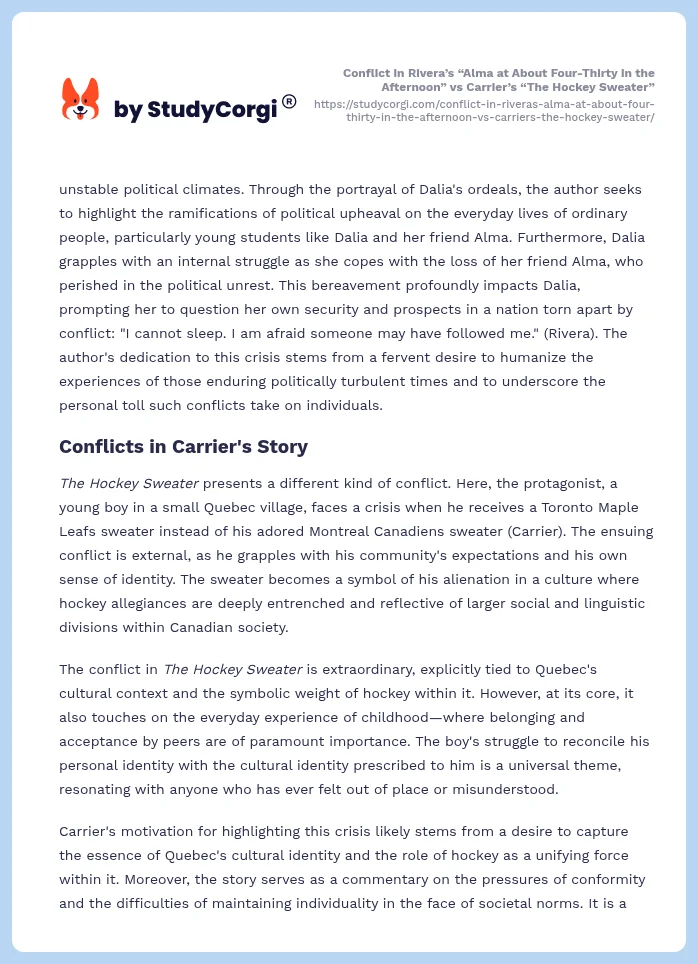 Conflict in Rivera’s “Alma at About Four-Thirty in the Afternoon” vs Carrier’s “The Hockey Sweater”. Page 2