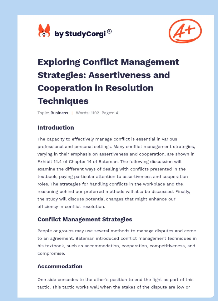 Exploring Conflict Management Strategies: Assertiveness and Cooperation in Resolution Techniques. Page 1