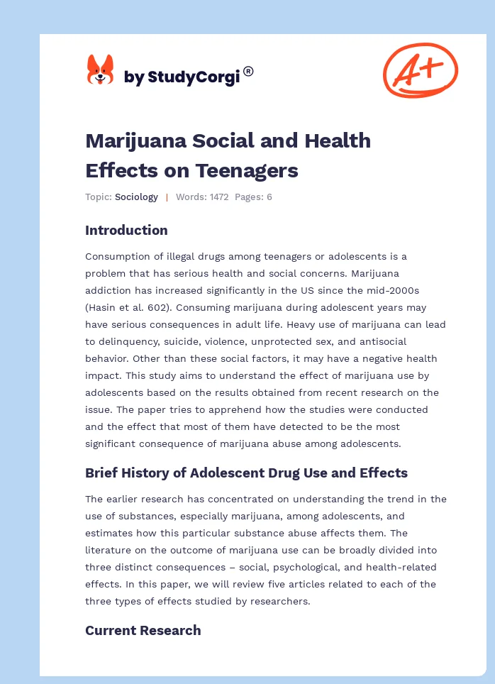 Marijuana Social and Health Effects on Teenagers. Page 1
