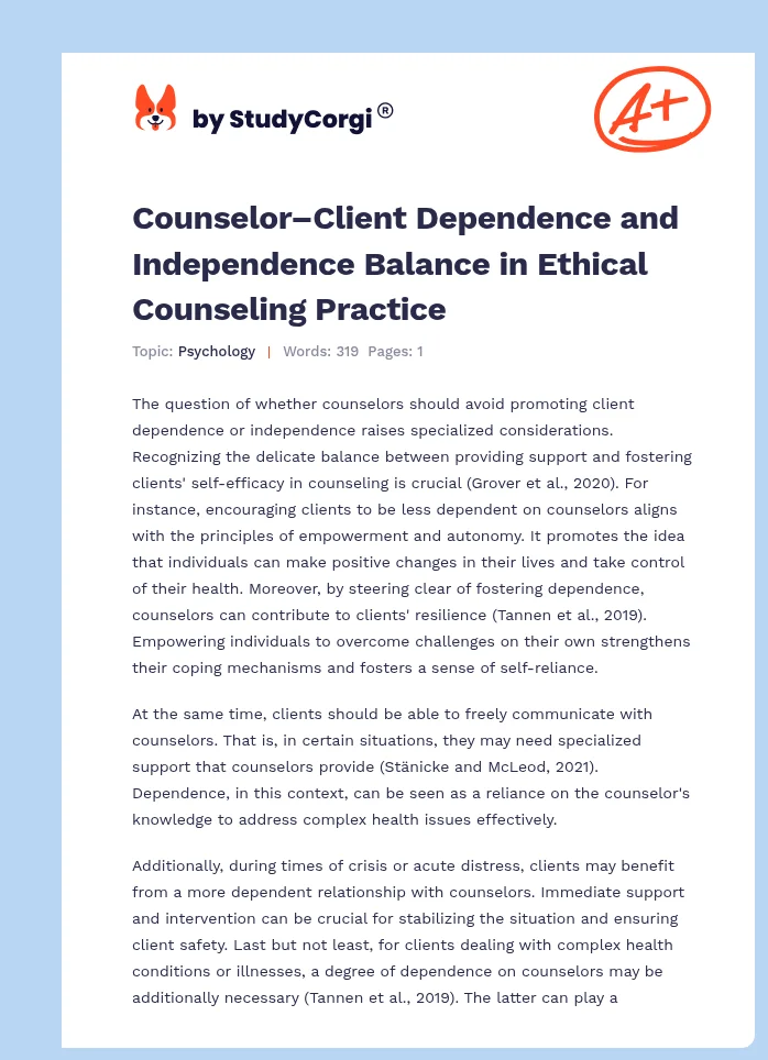 Counselor–Client Dependence and Independence Balance in Ethical Counseling Practice. Page 1