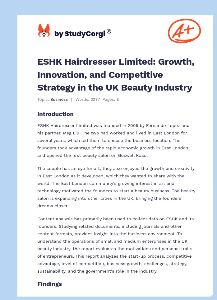 ESHK Hairdresser Limited: Growth, Innovation, and Competitive Strategy in the UK Beauty Industry. Page 1