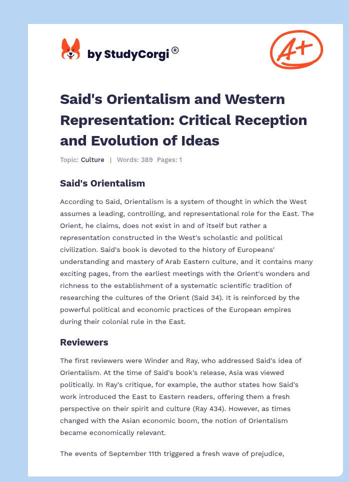 Said's Orientalism and Western Representation: Critical Reception and Evolution of Ideas. Page 1