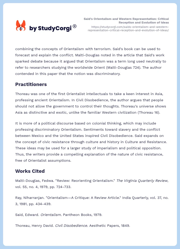 Said's Orientalism and Western Representation: Critical Reception and Evolution of Ideas. Page 2