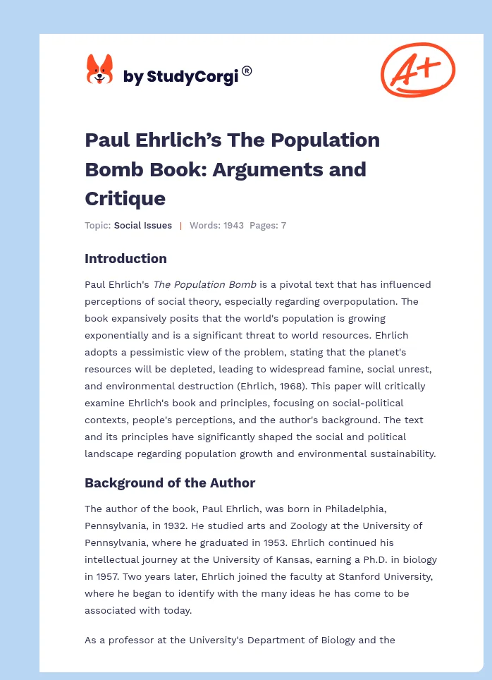 Paul Ehrlich’s The Population Bomb Book: Arguments and Critique. Page 1