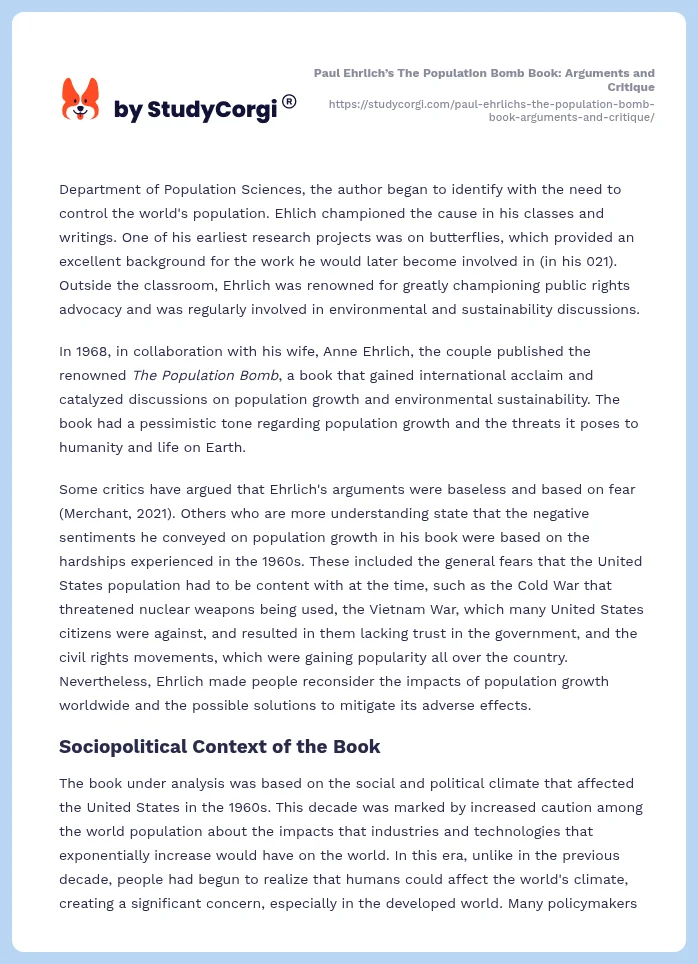 Paul Ehrlich’s The Population Bomb Book: Arguments and Critique. Page 2