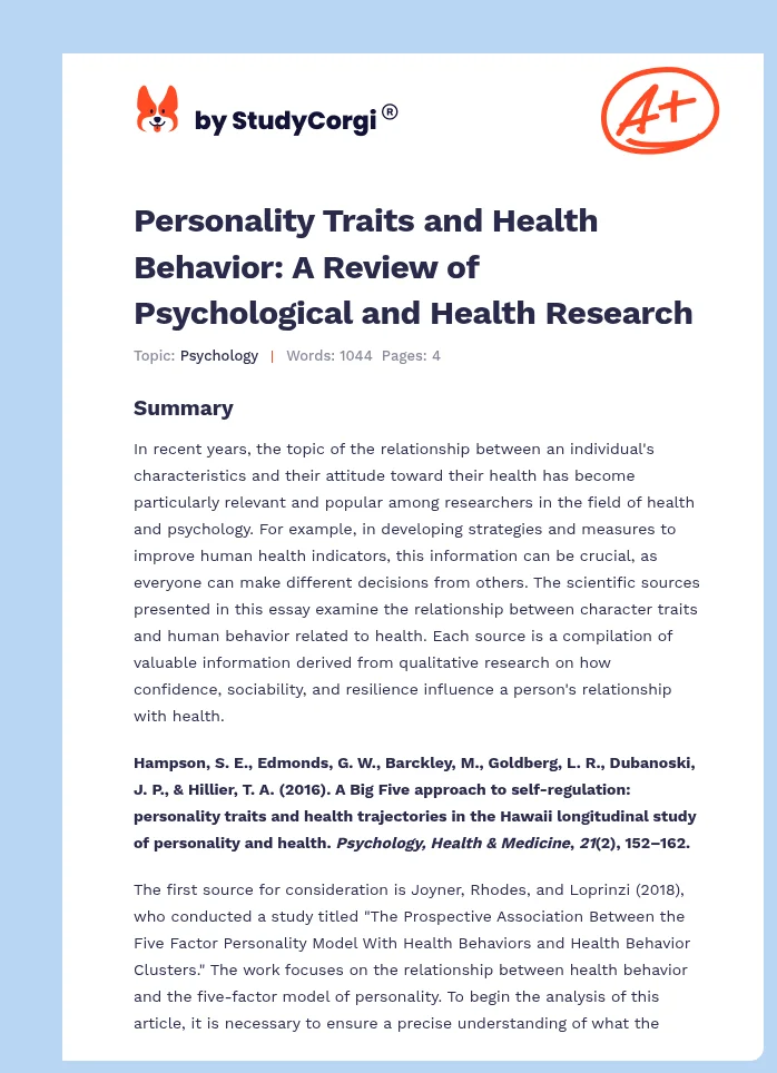 Personality Traits and Health Behavior: A Review of Psychological and Health Research. Page 1
