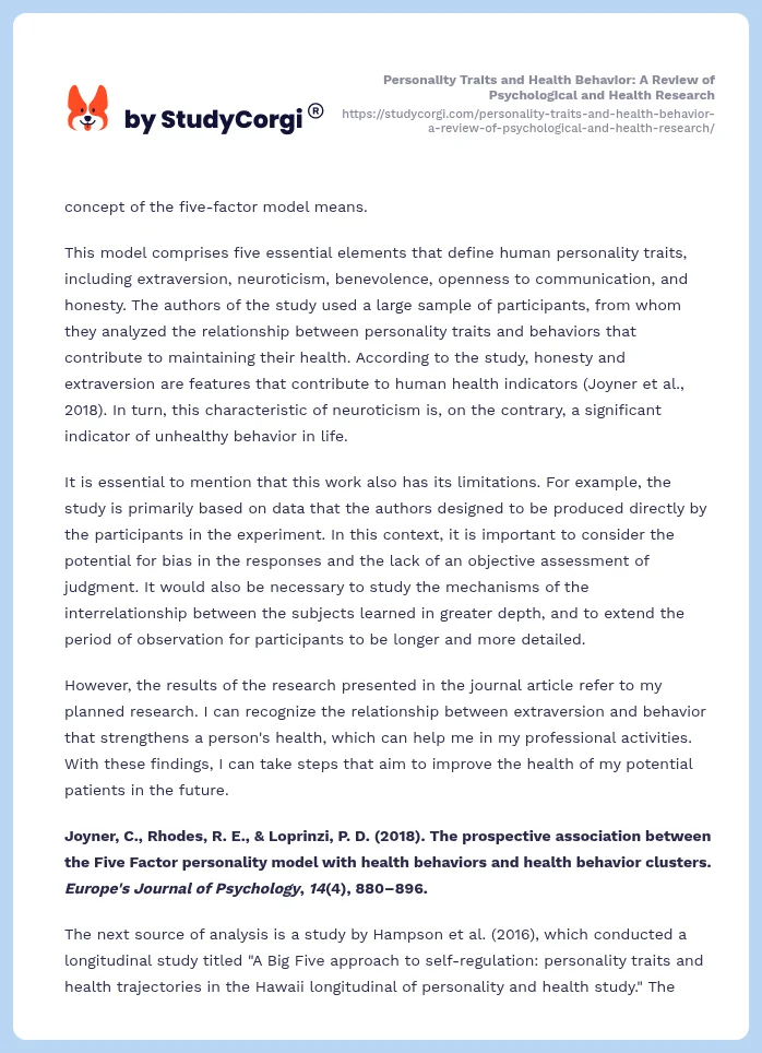 Personality Traits and Health Behavior: A Review of Psychological and Health Research. Page 2