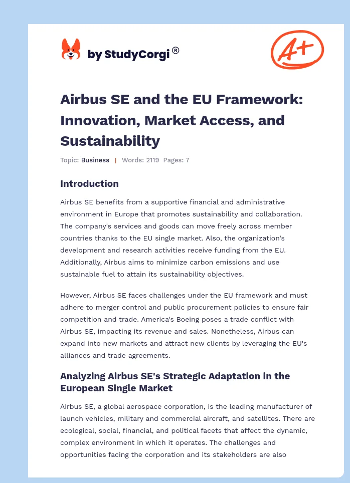Airbus SE and the EU Framework: Innovation, Market Access, and Sustainability. Page 1