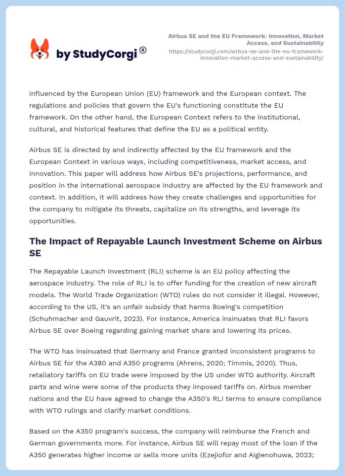 Airbus SE and the EU Framework: Innovation, Market Access, and Sustainability. Page 2