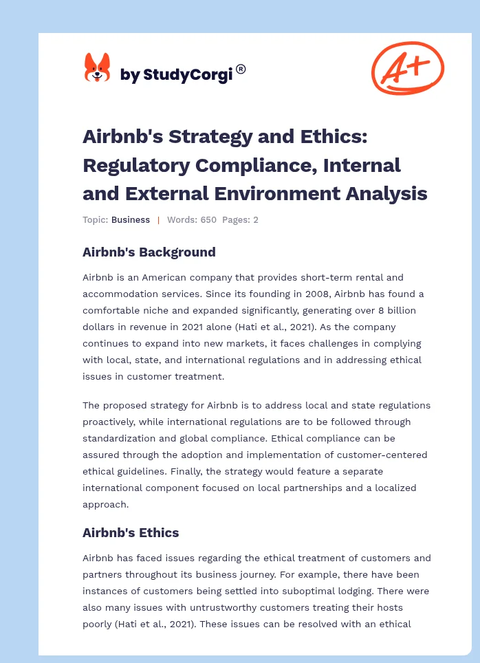 Airbnb's Strategy and Ethics: Regulatory Compliance, Internal and External Environment Analysis. Page 1