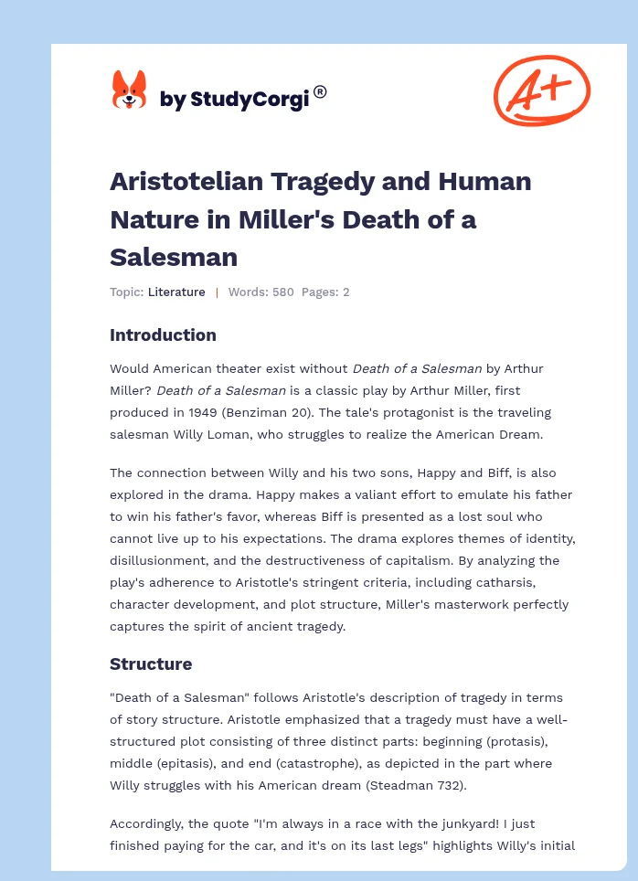 Aristotelian Tragedy and Human Nature in Miller's Death of a Salesman. Page 1