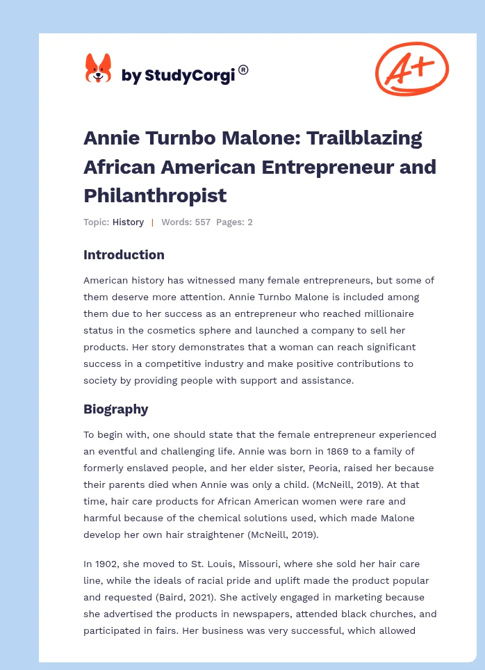 Annie Turnbo Malone: Trailblazing African American Entrepreneur and Philanthropist. Page 1