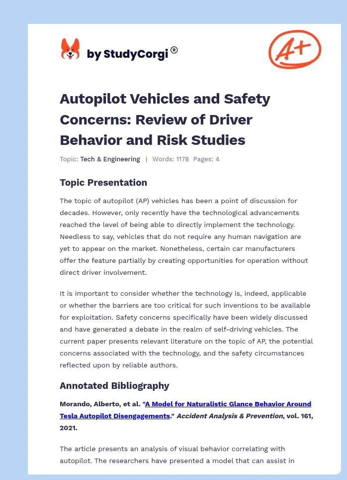 Autopilot Vehicles and Safety Concerns: Review of Driver Behavior and Risk Studies. Page 1