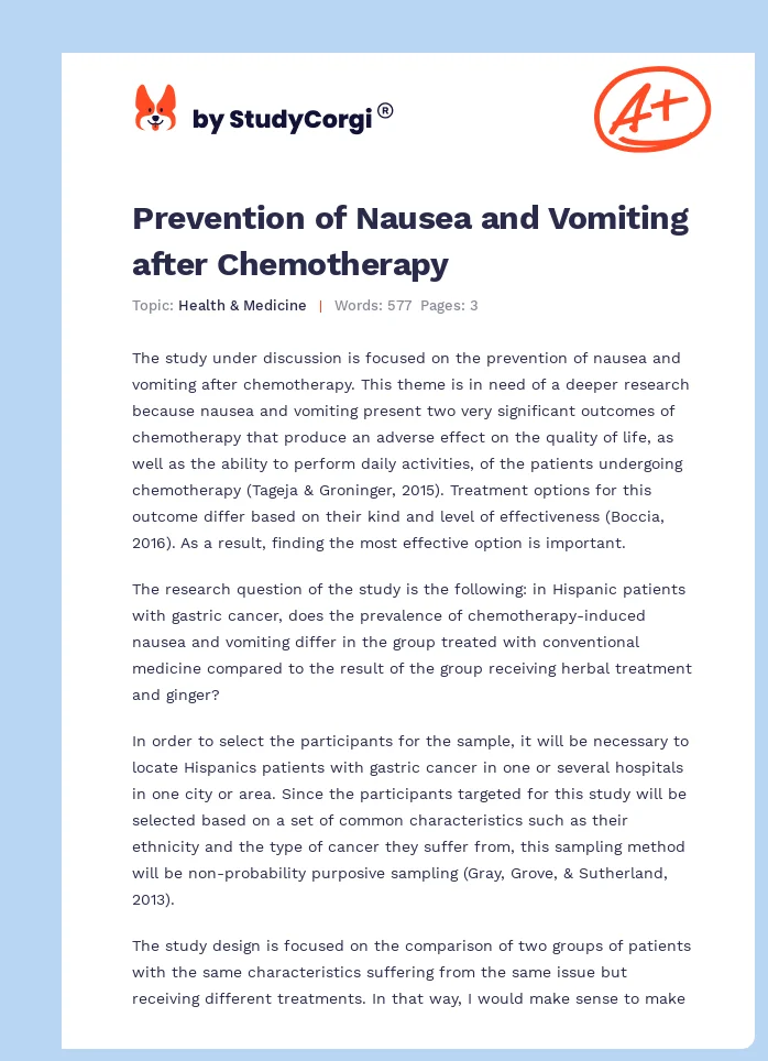 Prevention of Nausea and Vomiting after Chemotherapy. Page 1