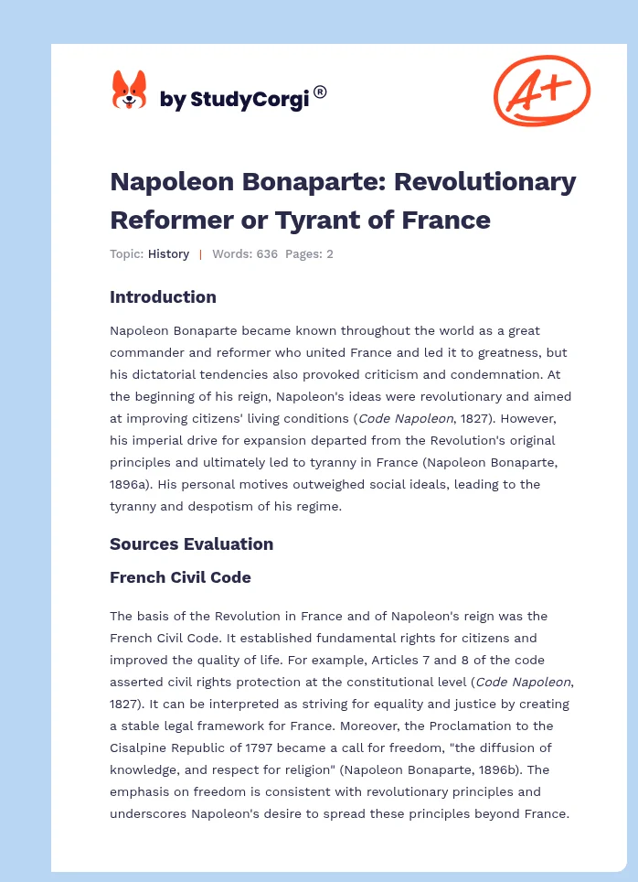 Napoleon Bonaparte: Revolutionary Reformer or Tyrant of France. Page 1