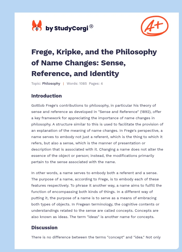 Frege, Kripke, and the Philosophy of Name Changes: Sense, Reference, and Identity. Page 1