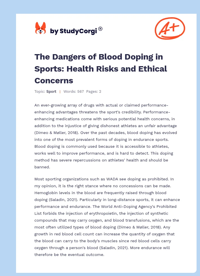The Dangers of Blood Doping in Sports: Health Risks and Ethical Concerns. Page 1