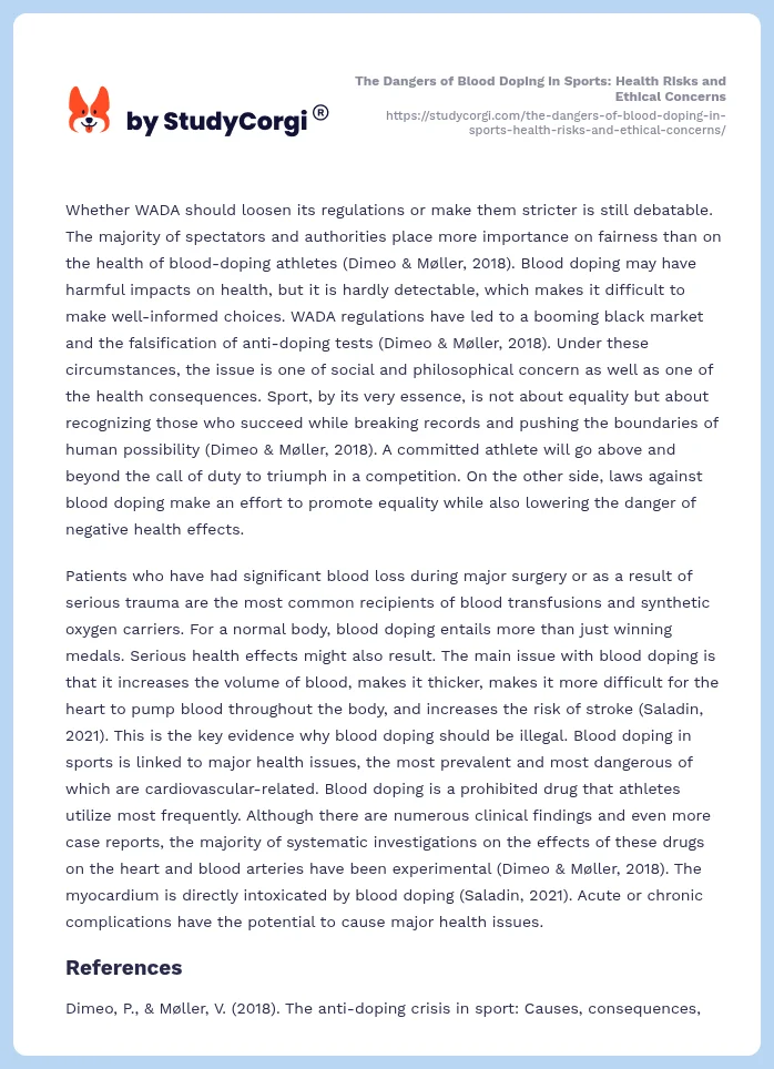 The Dangers of Blood Doping in Sports: Health Risks and Ethical Concerns. Page 2