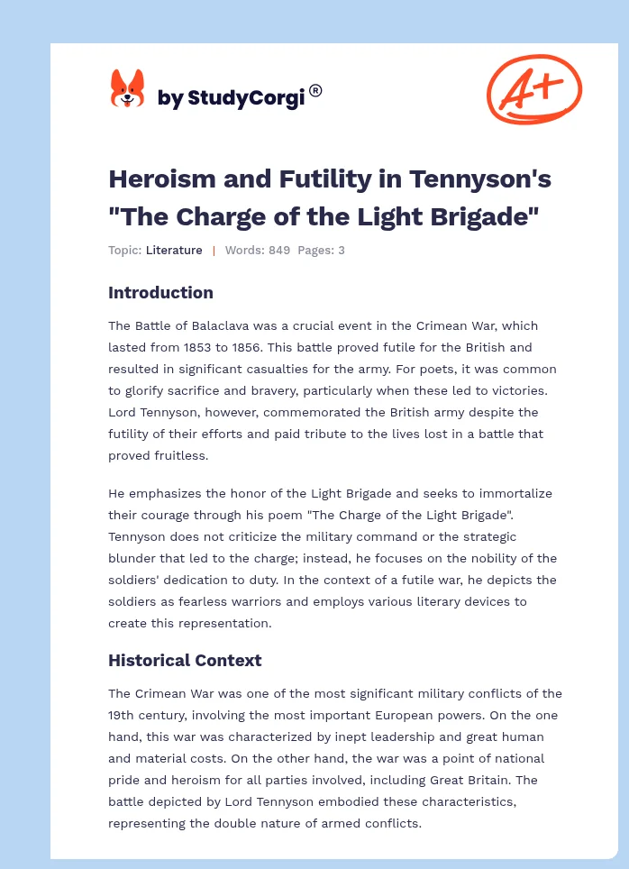 Heroism and Futility in Tennyson's "The Charge of the Light Brigade". Page 1