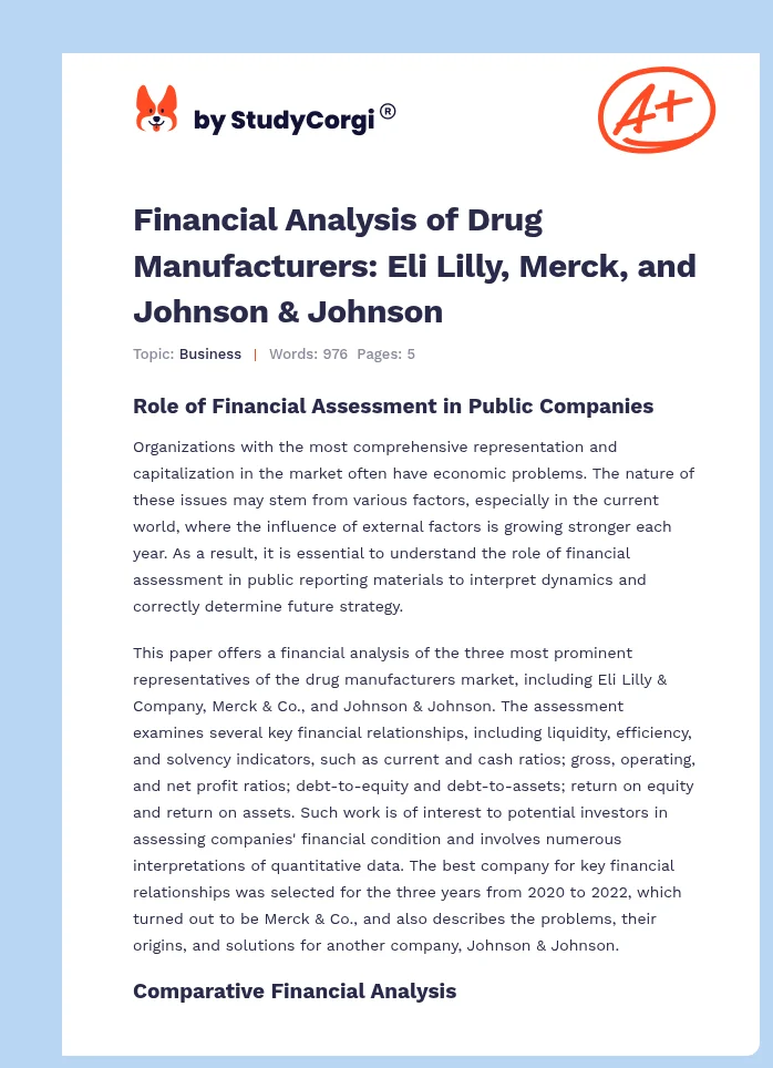 Financial Analysis of Drug Manufacturers: Eli Lilly, Merck, and Johnson & Johnson. Page 1