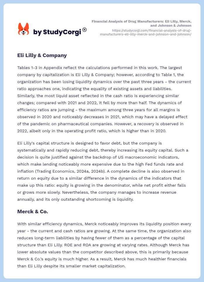 Financial Analysis of Drug Manufacturers: Eli Lilly, Merck, and Johnson & Johnson. Page 2