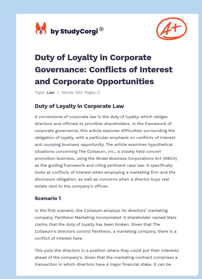 Duty of Loyalty in Corporate Governance: Conflicts of Interest and Corporate Opportunities. Page 1