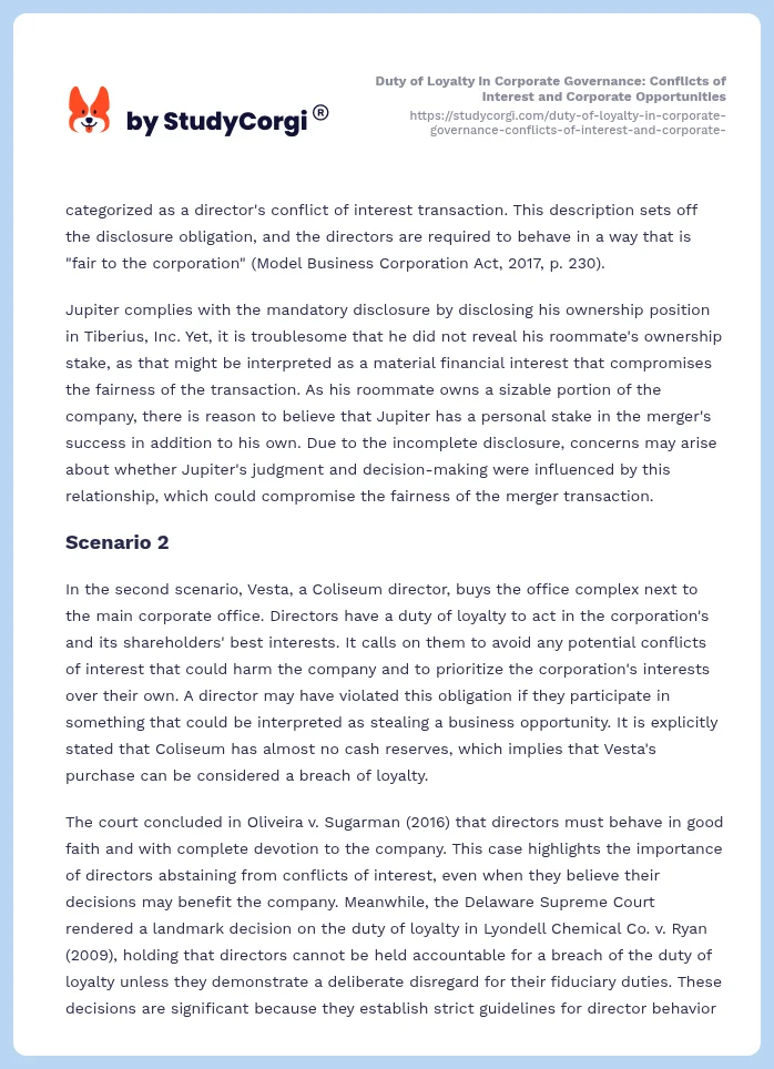 Duty of Loyalty in Corporate Governance: Conflicts of Interest and Corporate Opportunities. Page 2