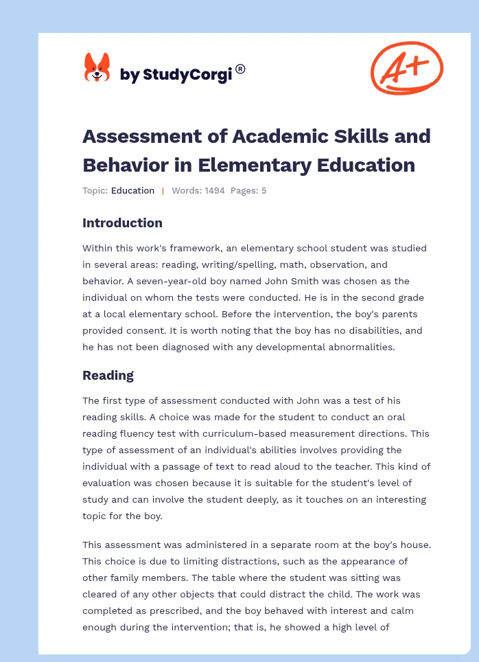 Assessment of Academic Skills and Behavior in Elementary Education. Page 1