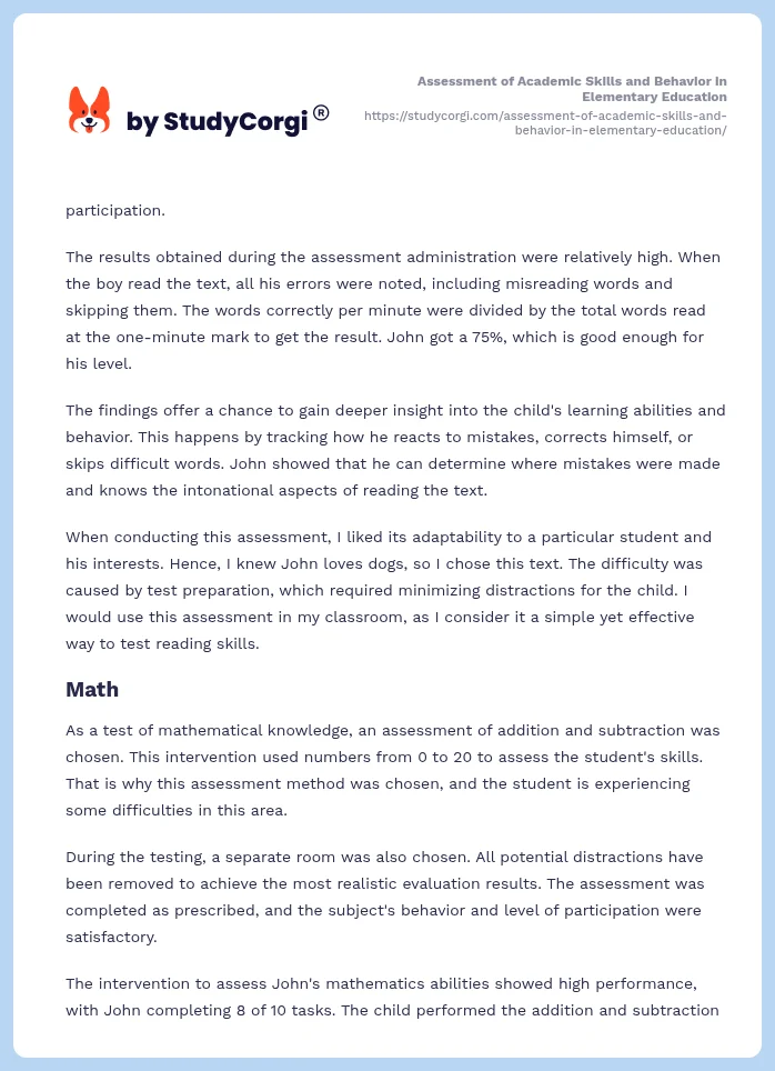 Assessment of Academic Skills and Behavior in Elementary Education. Page 2