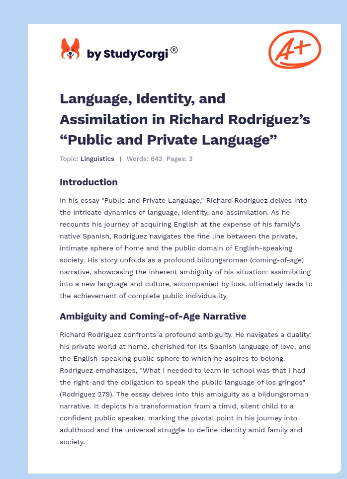 Language, Identity, and Assimilation in Richard Rodriguez’s “Public and Private Language”. Page 1