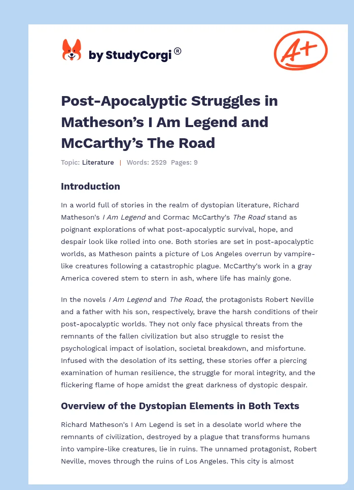 Post-Apocalyptic Struggles in Matheson’s I Am Legend and McCarthy’s The Road. Page 1