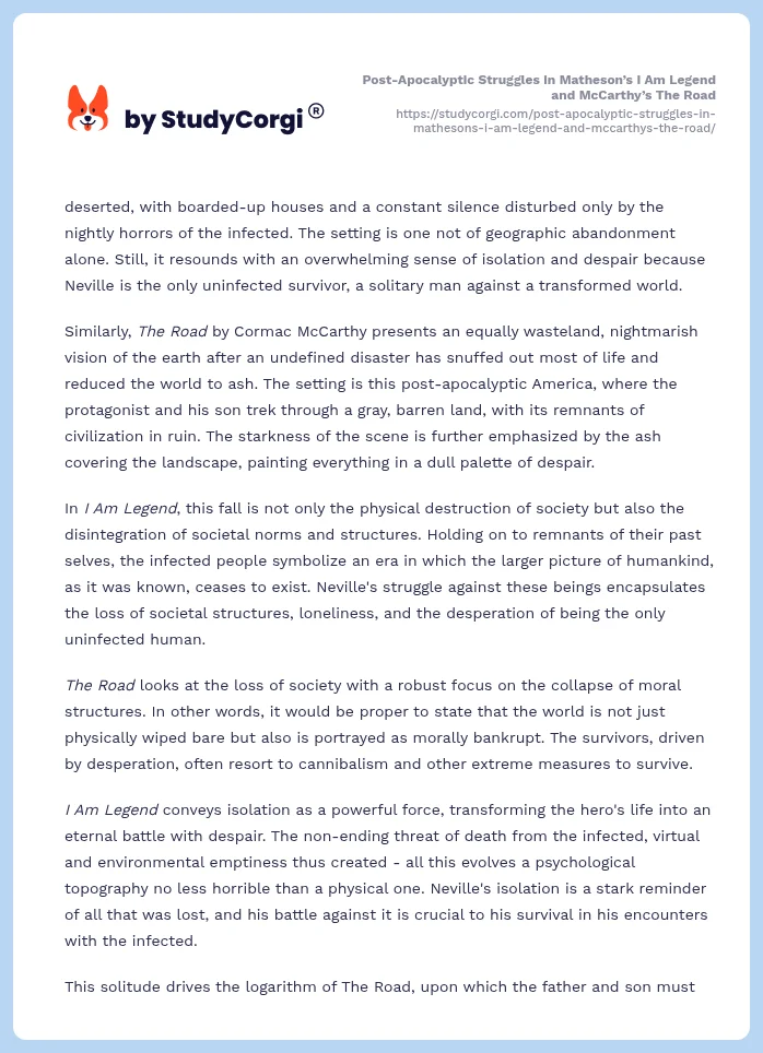 Post-Apocalyptic Struggles in Matheson’s I Am Legend and McCarthy’s The Road. Page 2