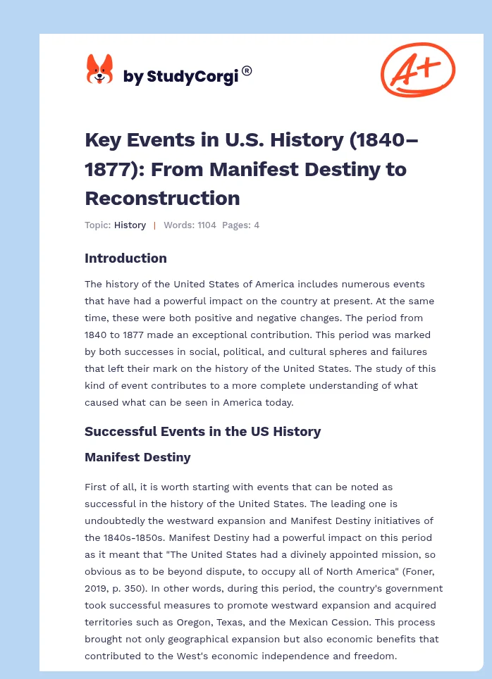 Key Events in U.S. History (1840–1877): From Manifest Destiny to Reconstruction. Page 1
