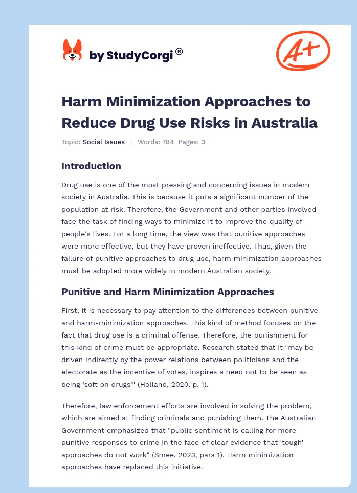 Harm Minimization Approaches to Reduce Drug Use Risks in Australia. Page 1