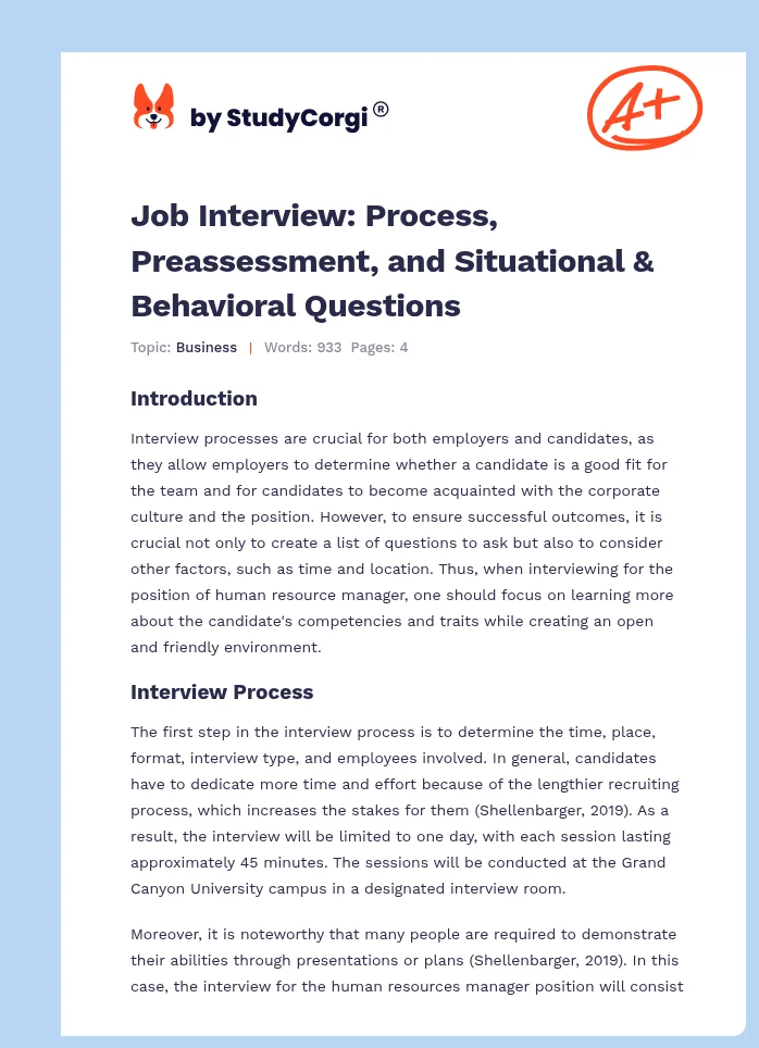 Job Interview: Process, Preassessment, and Situational & Behavioral Questions. Page 1